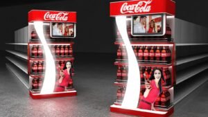 Exhibidores de material POP iluminados en el pasillo de un supermercado