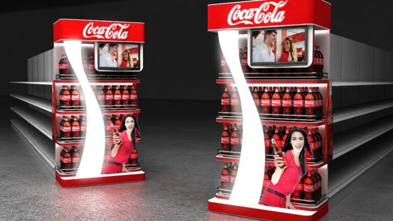 Exhibidores de material POP iluminados en el pasillo de un supermercado
